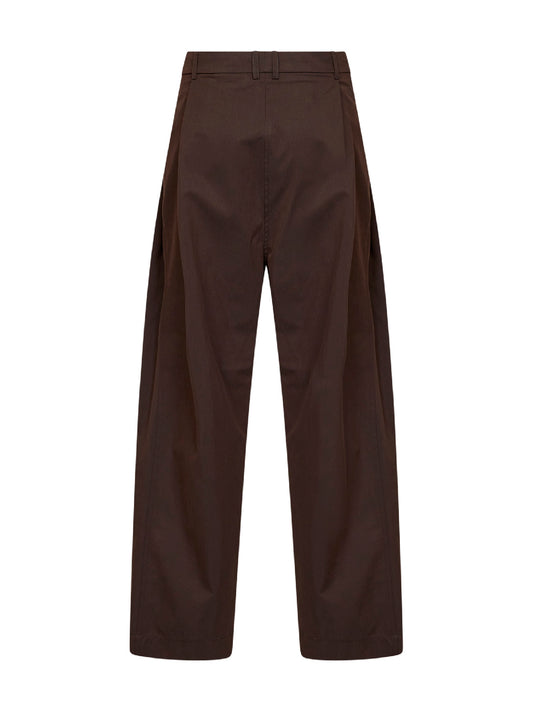 Chocolate cotton twill wide-leg pleated trousers