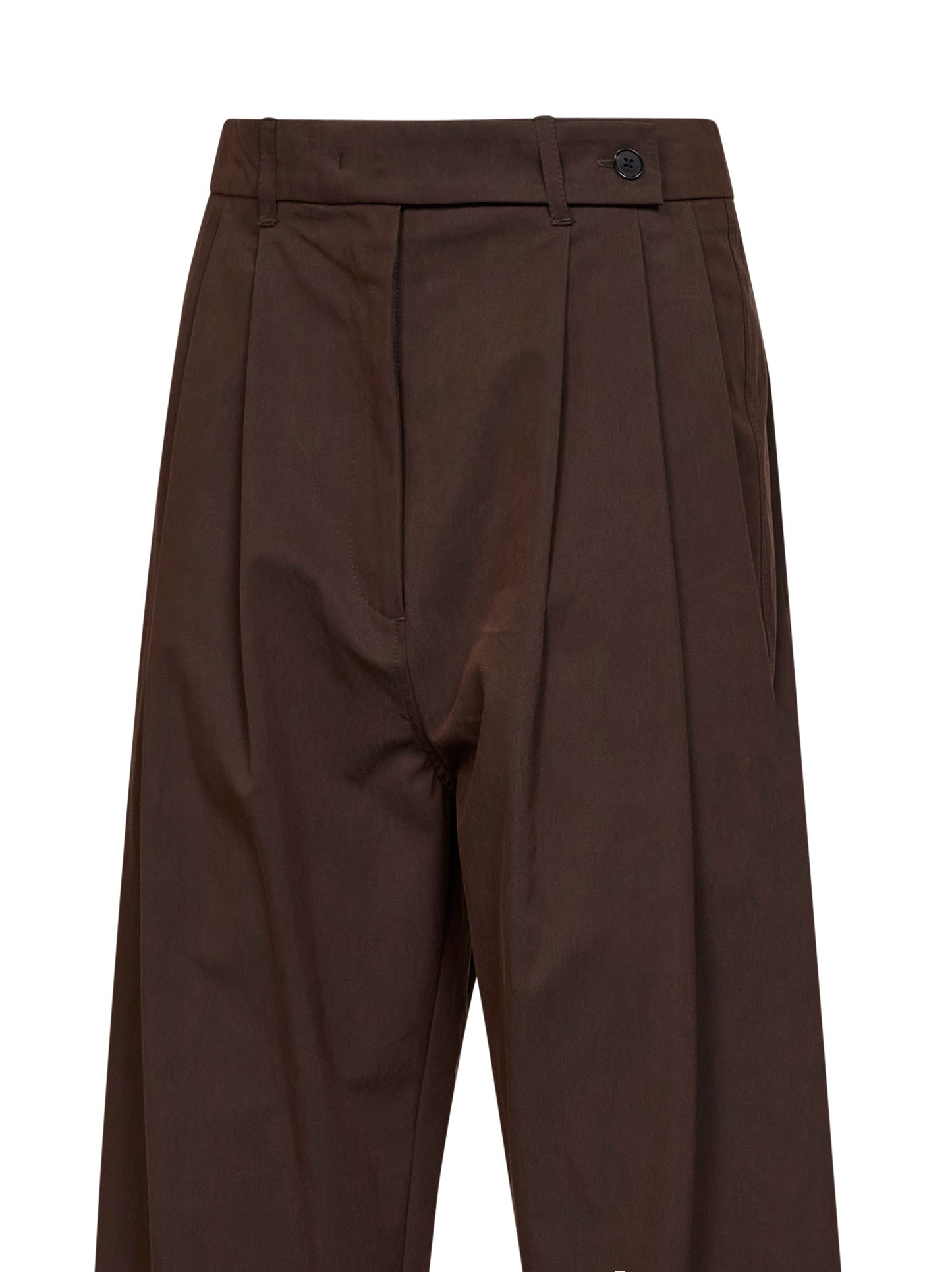 Chocolate cotton twill wide-leg pleated trousers