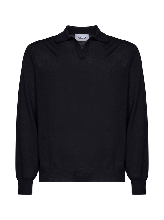 Black virgin wool knit buttonless polo shirt
