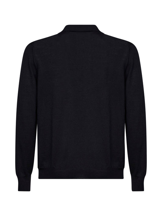Black virgin wool knit buttonless polo shirt