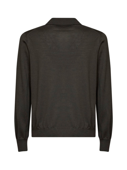 Green virgin wool knit buttonless polo shirt