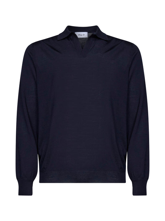 Navy blue virgin wool knit buttonless polo shirt