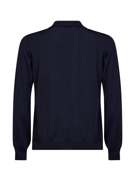 Navy blue virgin wool knit buttonless polo shirt