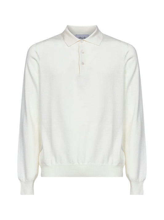 Cream virgin wool knit long-sleeved polo shirt