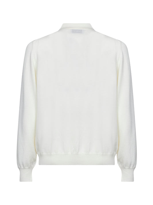 Cream virgin wool knit long-sleeved polo shirt