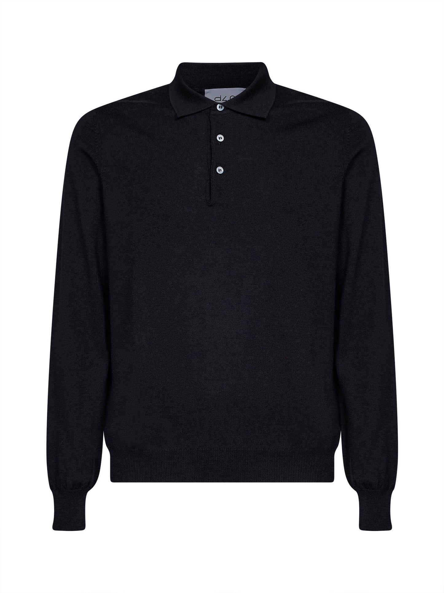 Black virgin wool knit long-sleeved polo shirt