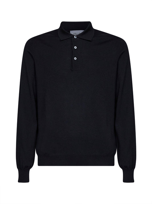 Black virgin wool knit long-sleeved polo shirt