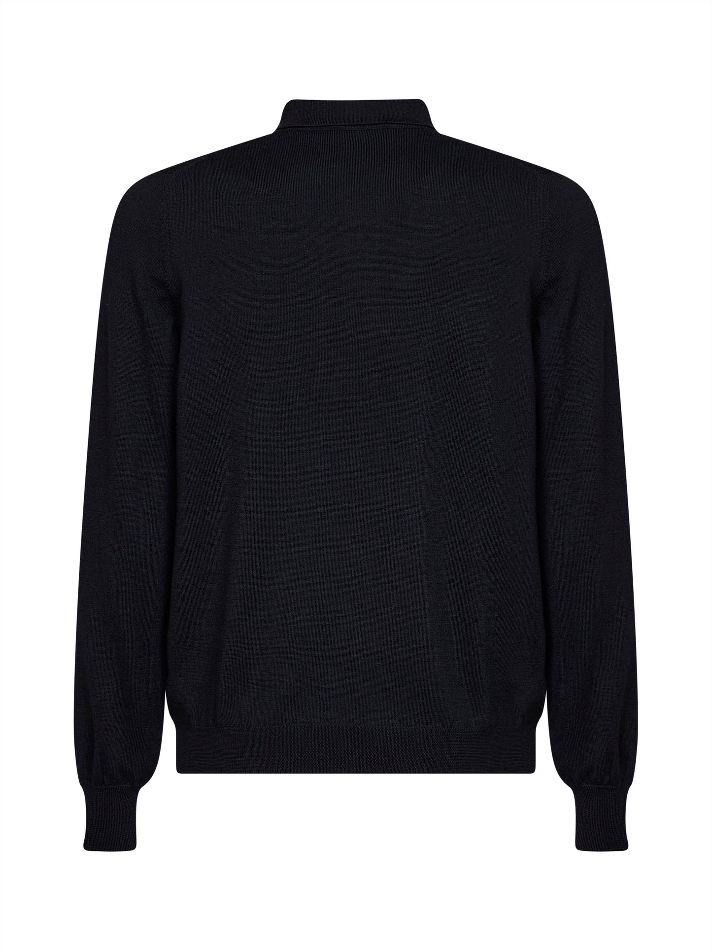 Black virgin wool knit long-sleeved polo shirt