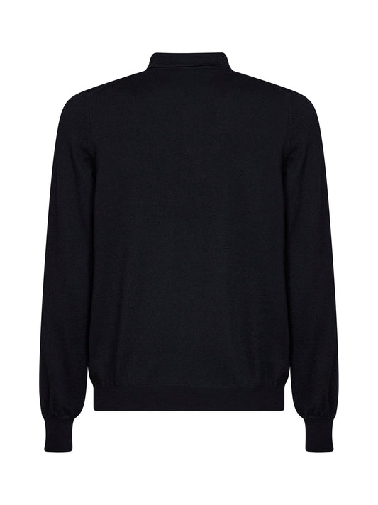 Black virgin wool knit long-sleeved polo shirt