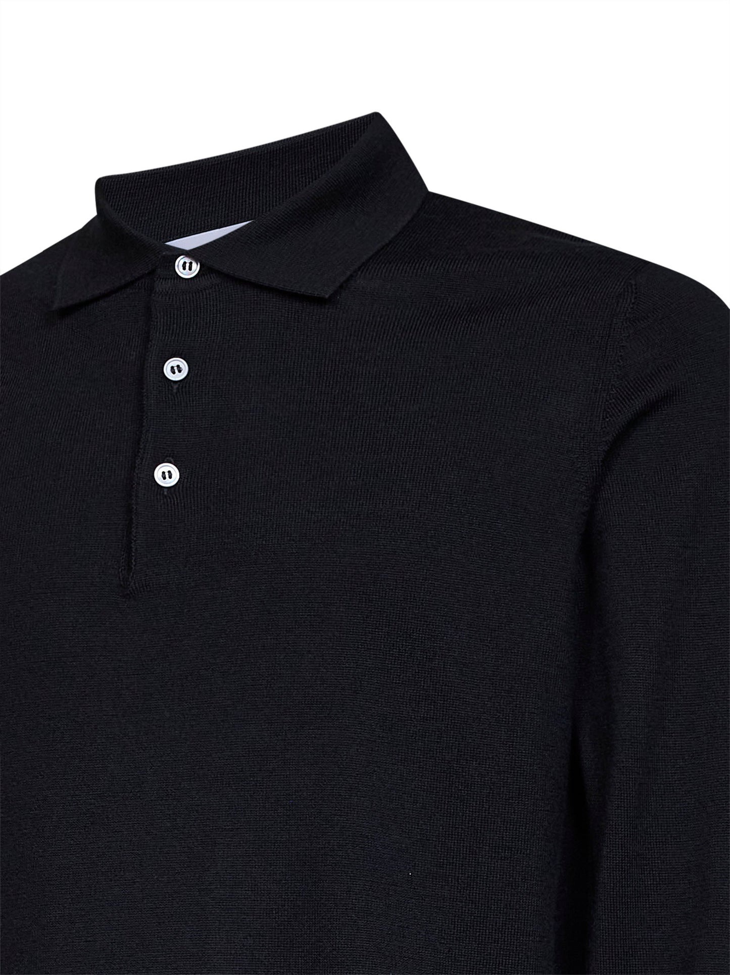 Black virgin wool knit long-sleeved polo shirt