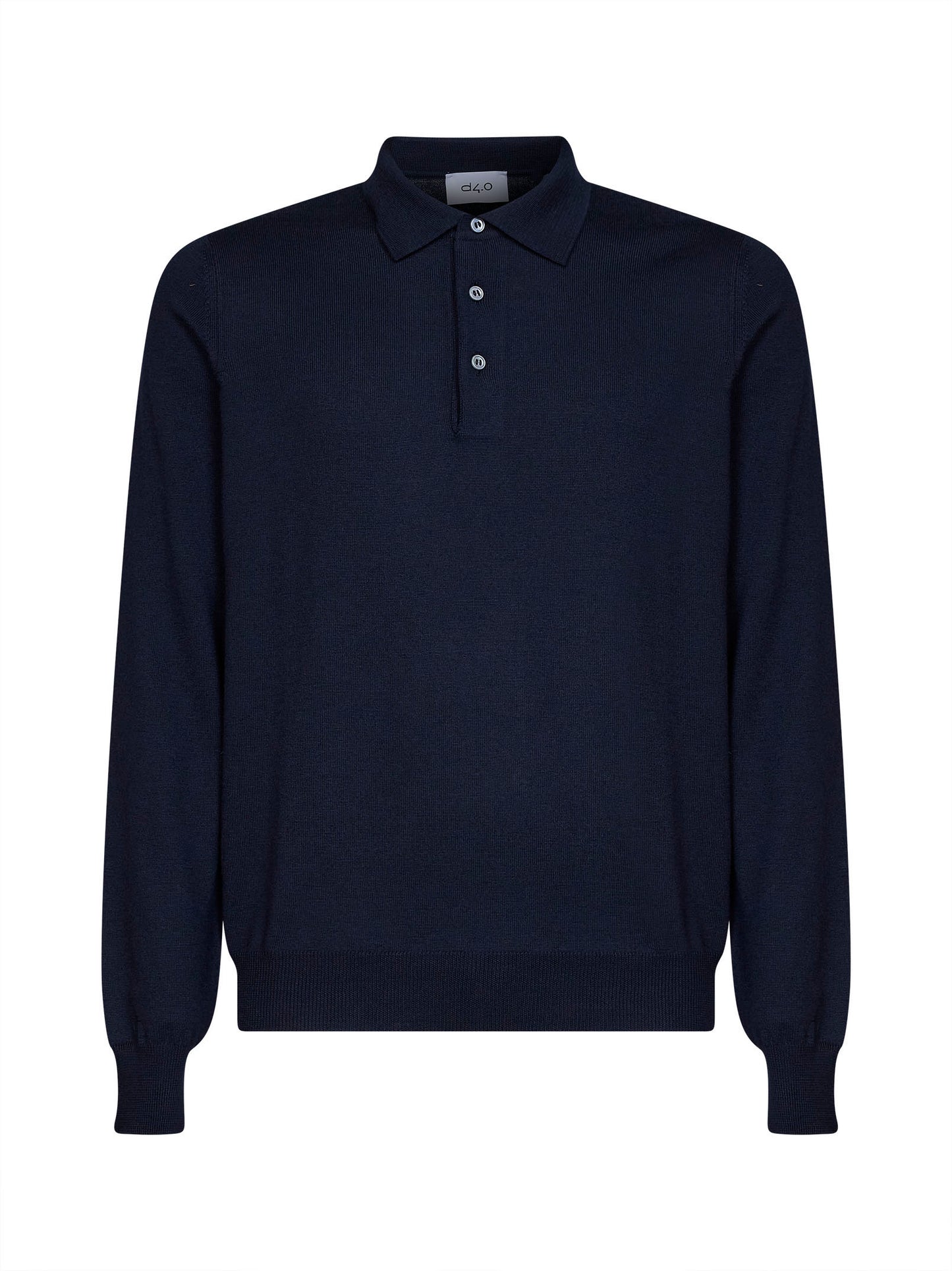 Navy blue virgin wool knit long-sleeved polo shirt