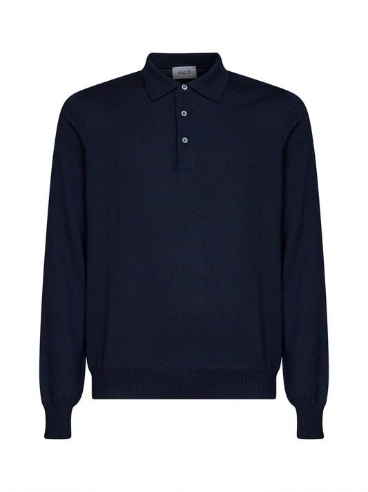 Navy blue virgin wool knit long-sleeved polo shirt