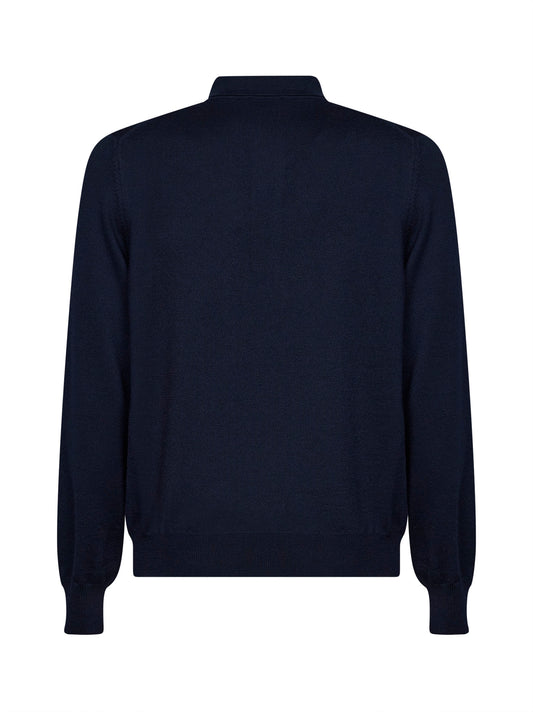 Navy blue virgin wool knit long-sleeved polo shirt