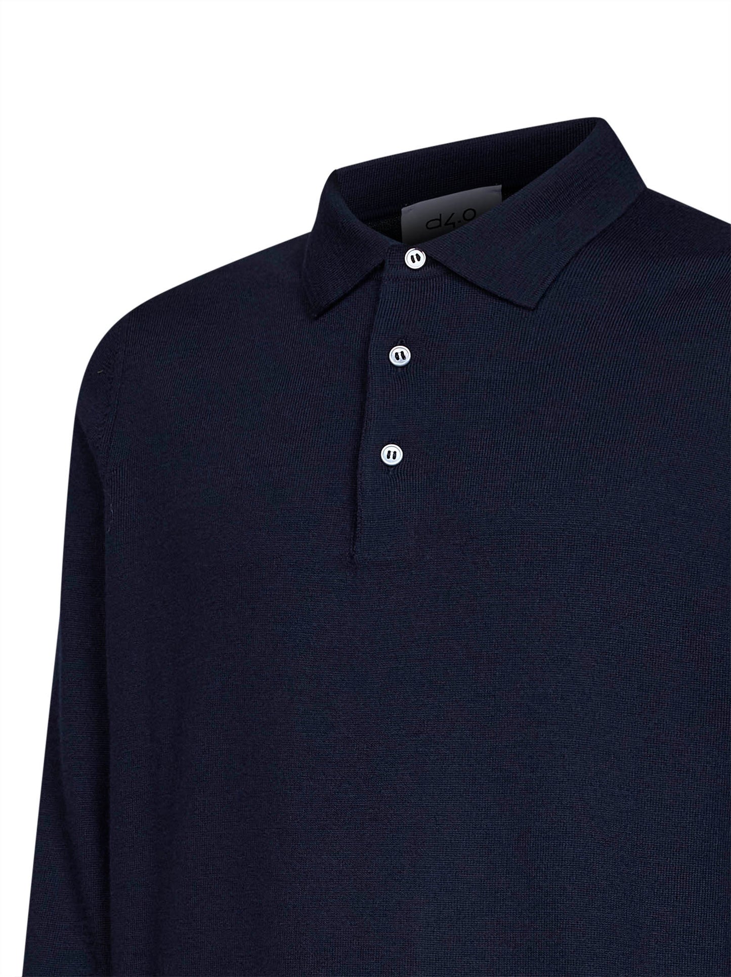 Navy blue virgin wool knit long-sleeved polo shirt
