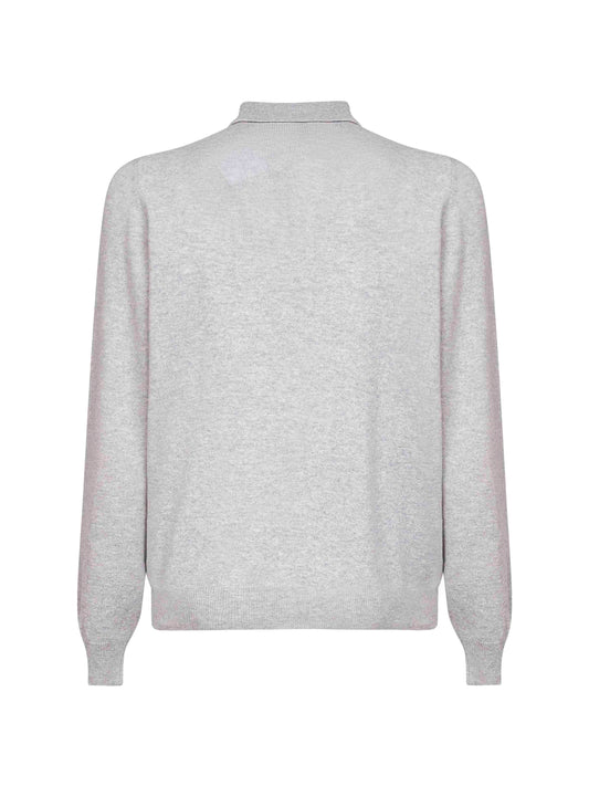 Grey wool blend knit long-sleeved polo shirt