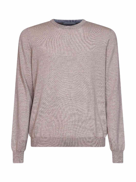 Beige virgin wool knit crewneck sweater