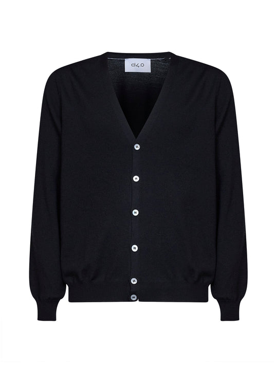 Black virgin wool knit V-neck cardigan