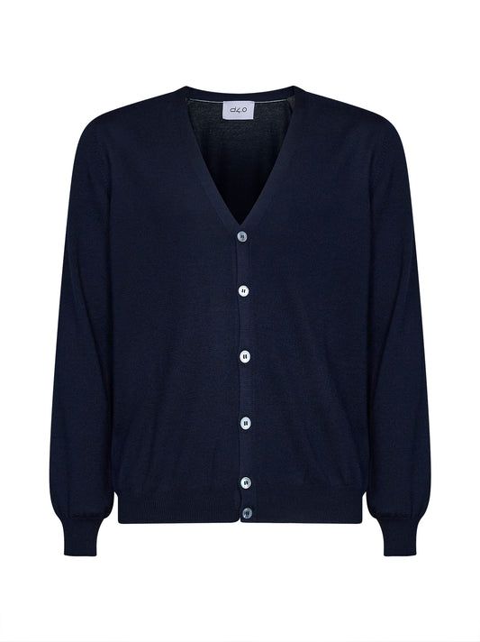 Blue virgin wool knit V-neck cardigan<BR/>