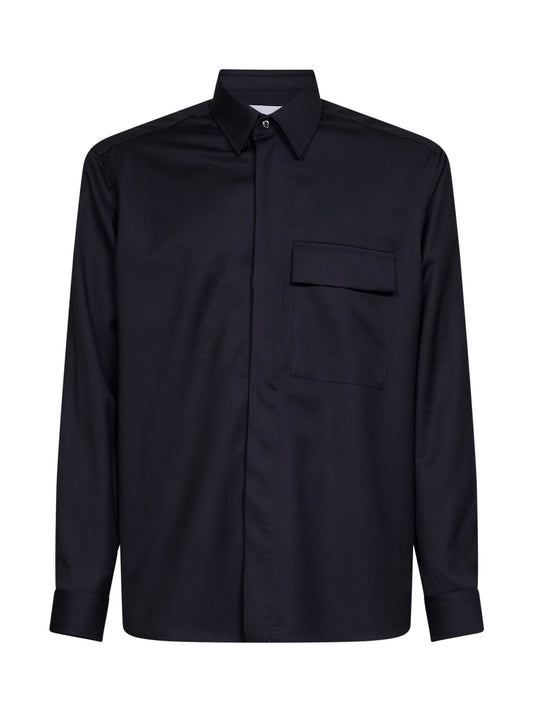 Giacca camicia in lana vergine navy scuro<BR/>