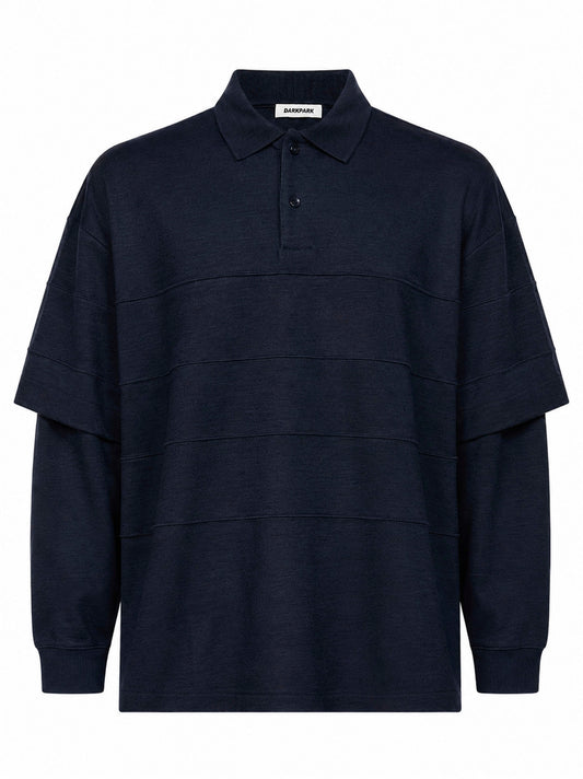 Blue zack wool double-sleeve striped polo sweater