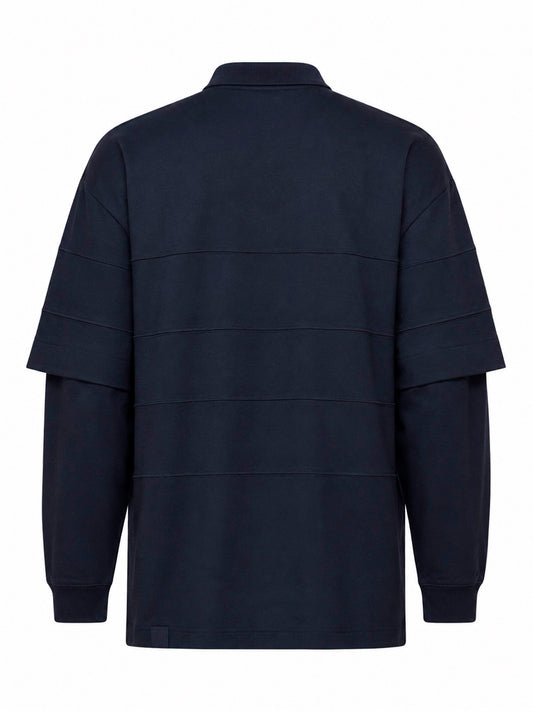 Blue zack wool double-sleeve striped polo sweater