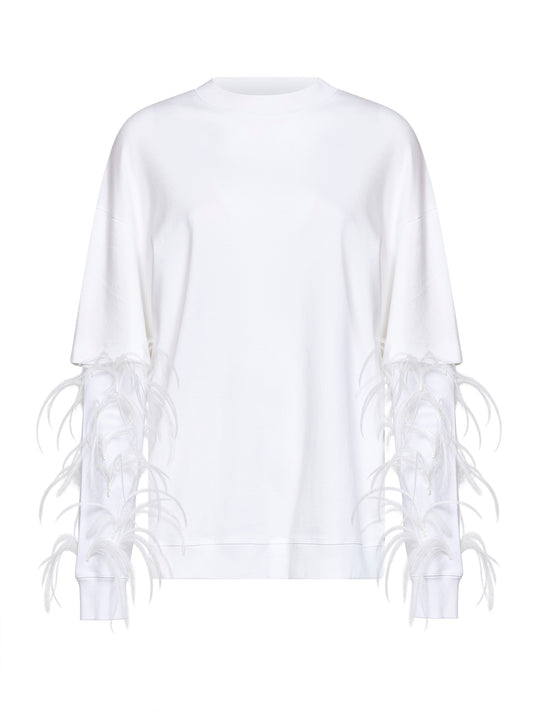 T-shirt Troy in cotone bianco con doppia manica e piume<BR/>