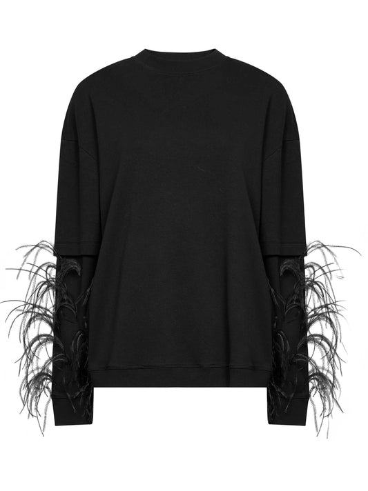 Black Troy feather-embellished double-sleeve sweatshirt