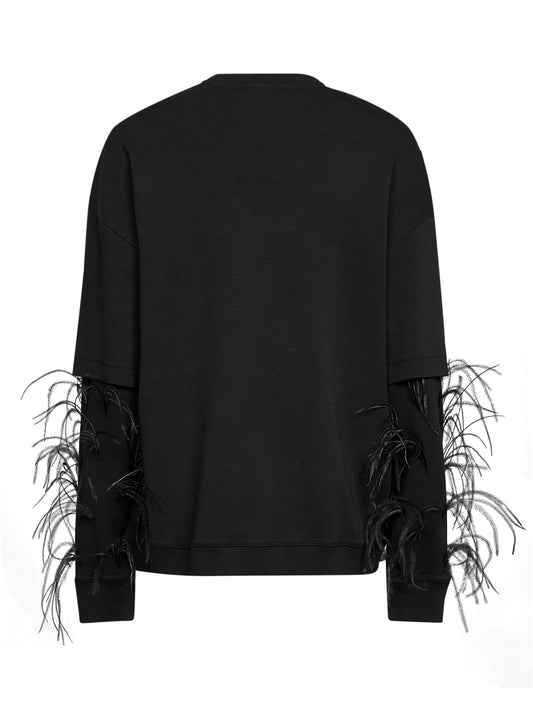 Black Troy feather-embellished double-sleeve sweatshirt