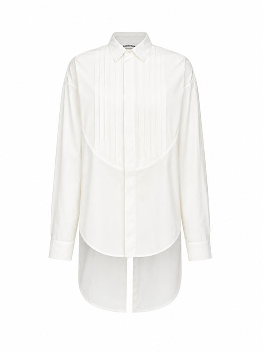 White pleated asymmetric hem cotton shirt
