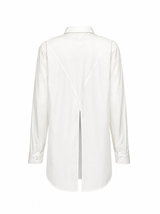 White pleated asymmetric hem cotton shirt