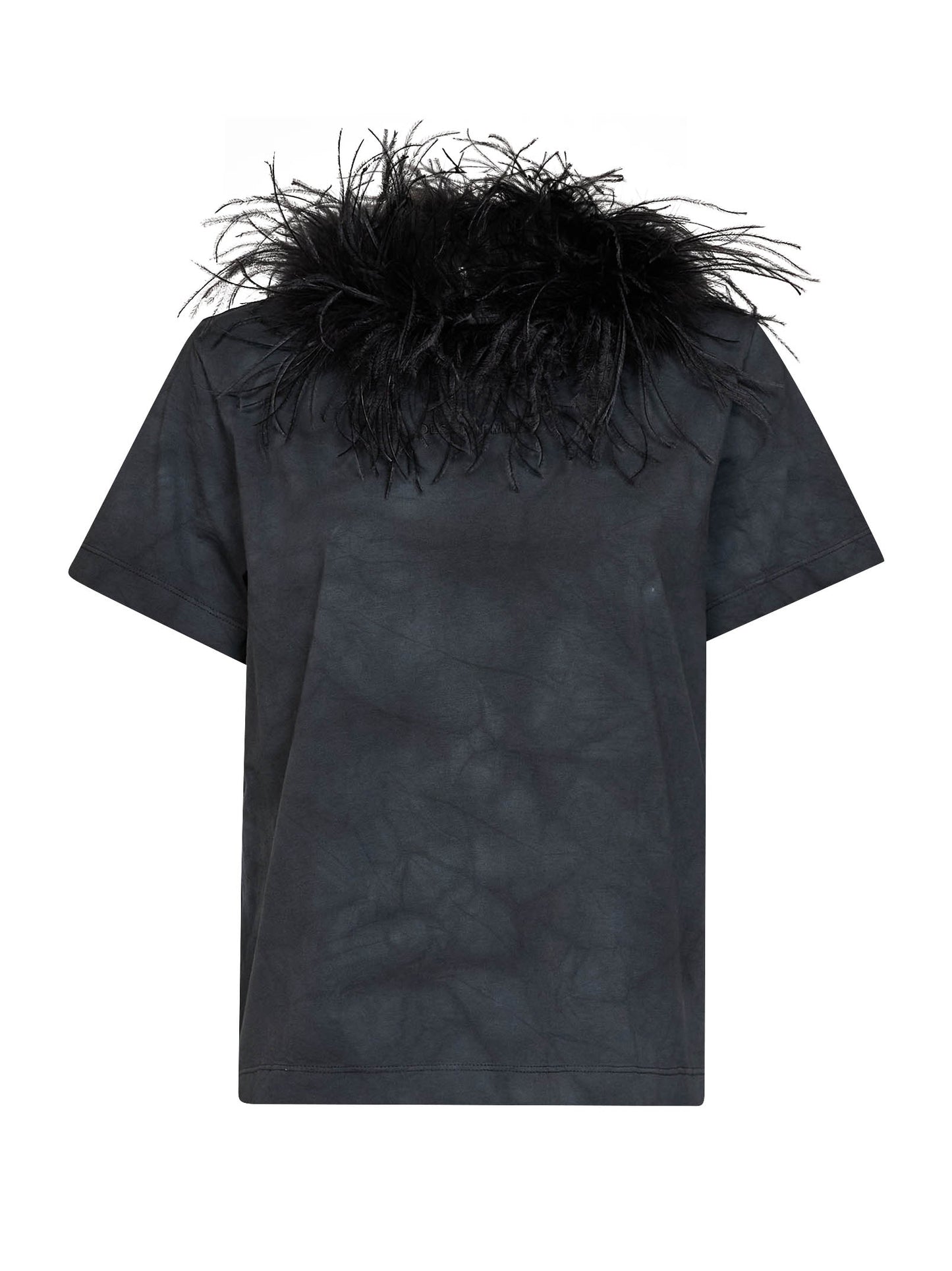 Dark steel tie-dye cotton T-shirt with feather trim