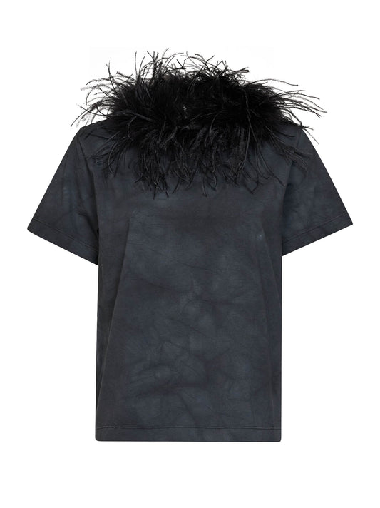 Dark steel tie-dye cotton T-shirt with feather trim