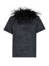 Dark steel tie-dye cotton T-shirt with feather trim