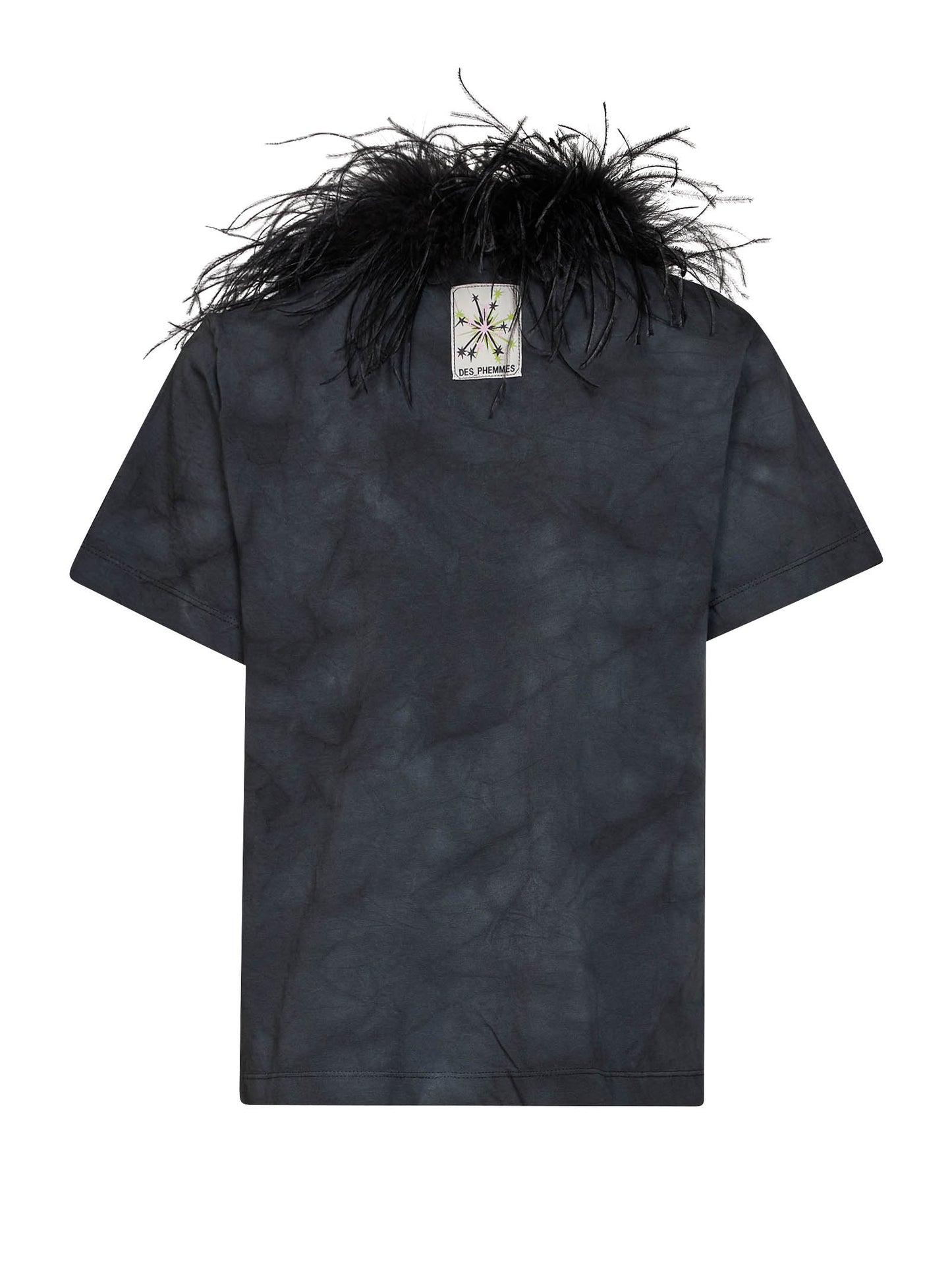 Dark steel tie-dye cotton T-shirt with feather trim