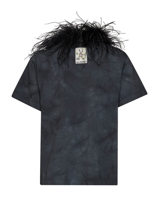 Dark steel tie-dye cotton T-shirt with feather trim