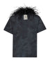 Dark steel tie-dye cotton T-shirt with feather trim