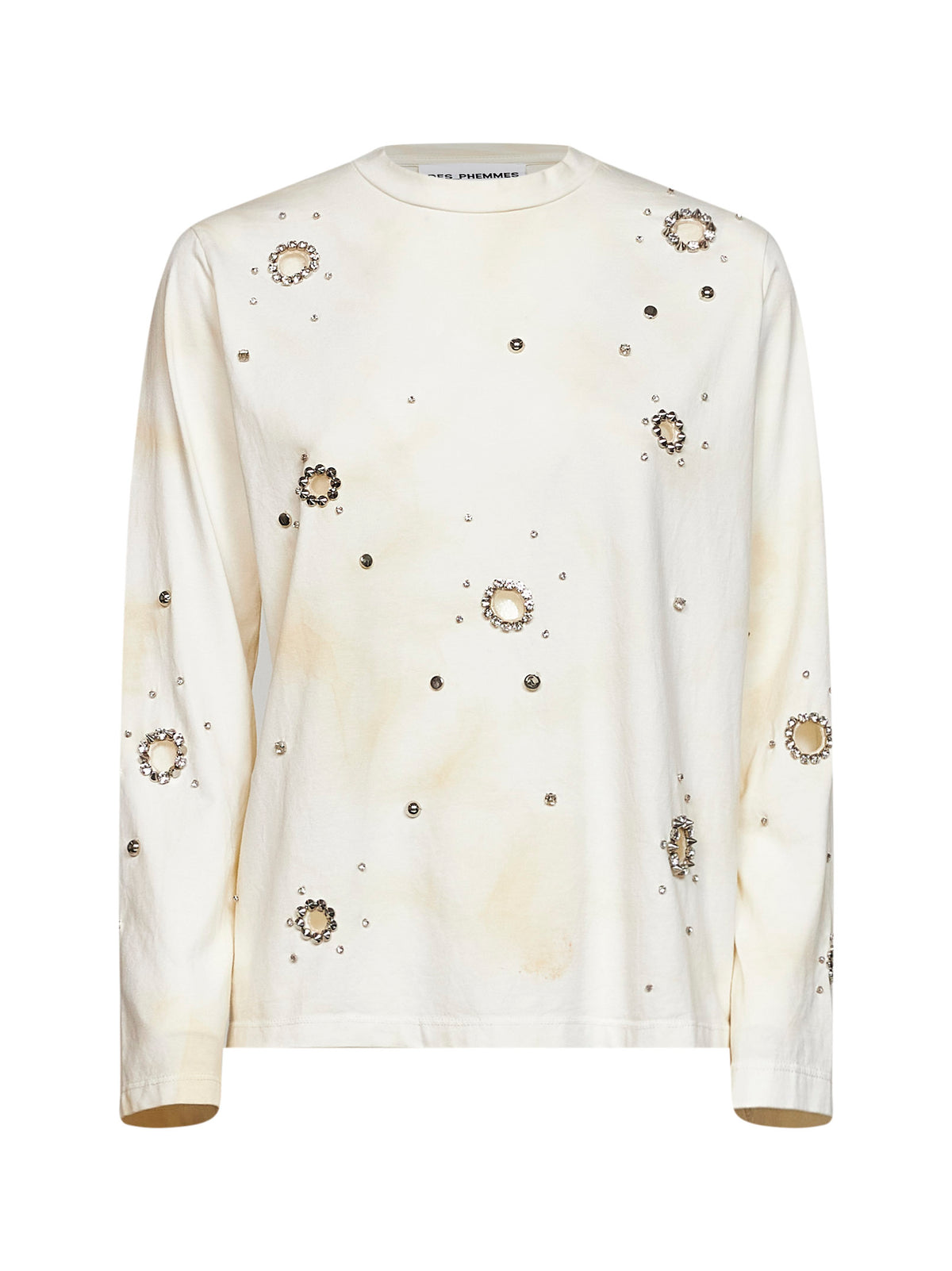 T-shirt a maniche lunghe in jersey avorio con cut-out e cristalli