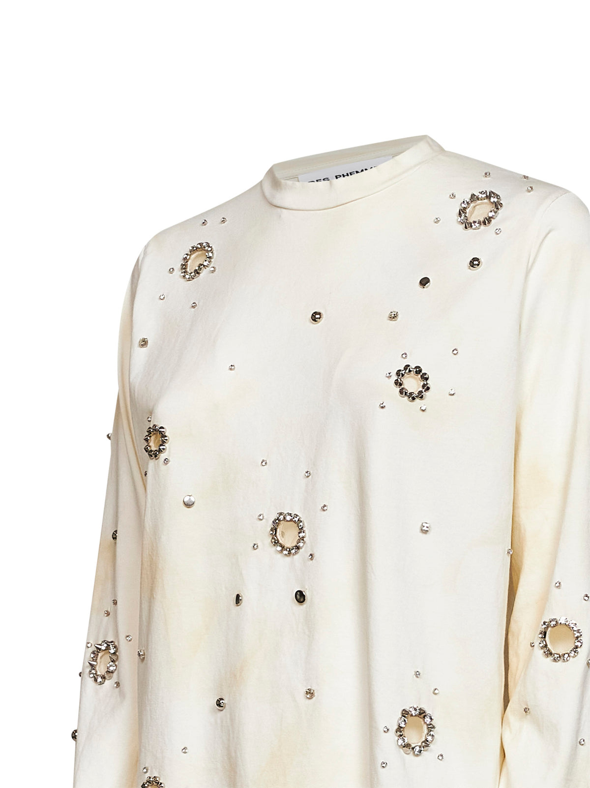 T-shirt a maniche lunghe in jersey avorio con cut-out e cristalli