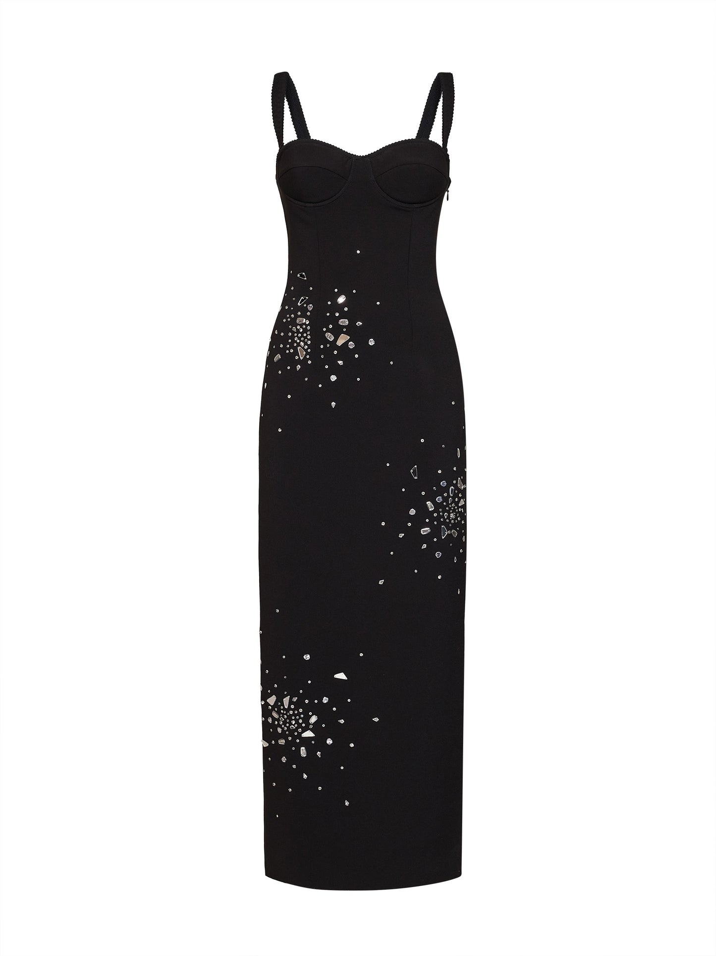 Black stretch crêpe embroidered bustier long dress