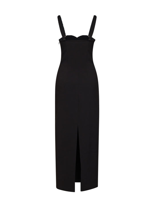 Black stretch crêpe embroidered bustier long dress