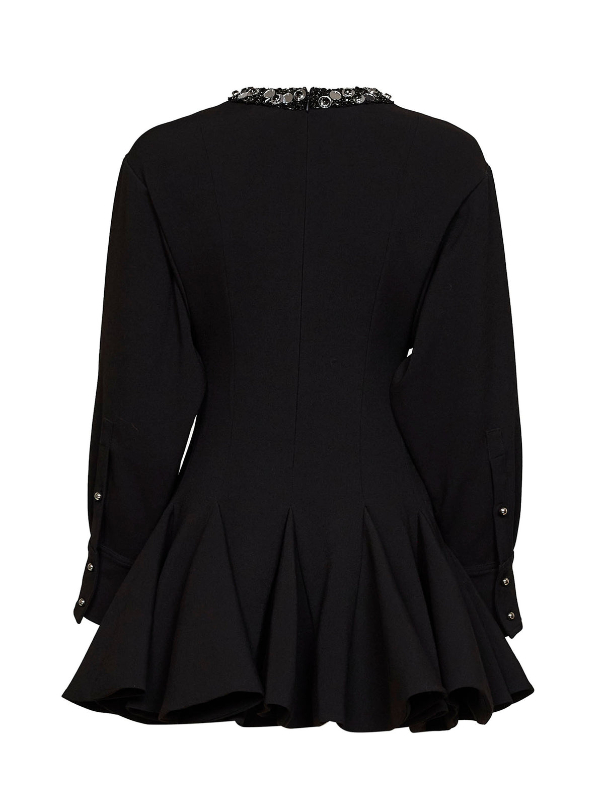 Miniabito svasato in crêpe stretch nero con ricami