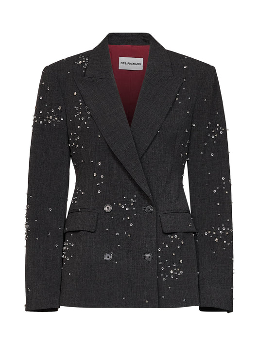 Dark steel canvas double-breasted embroidered jacket