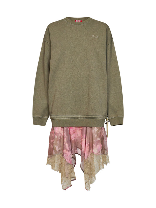 Abito felpa D-Orely verde e rosa con gonna in chiffon
