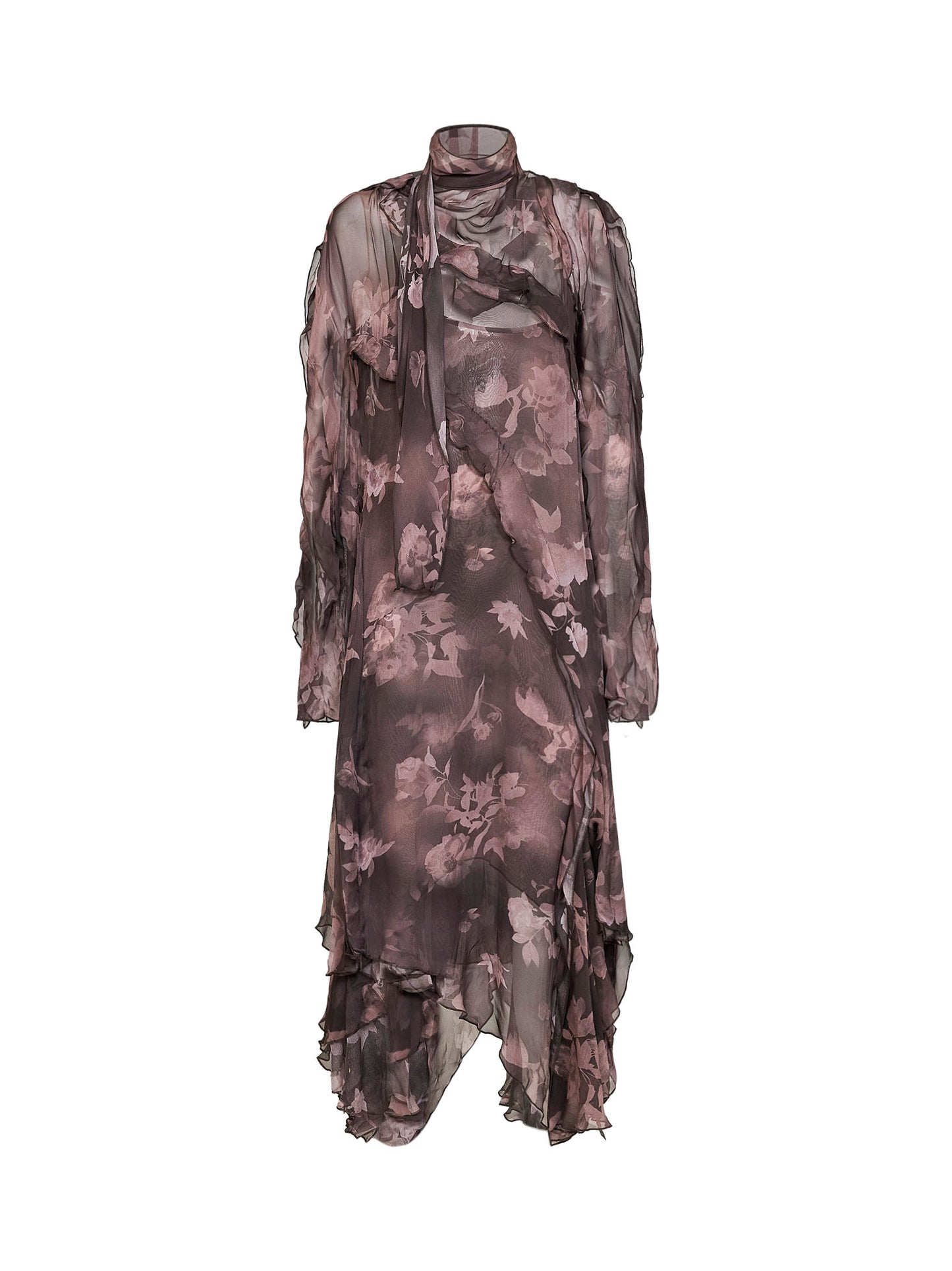 Abito midi asimmetrico D-riadi in chiffon e crêpe marrone