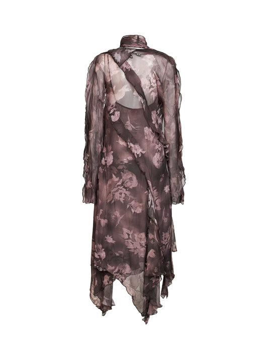 Abito midi asimmetrico D-riadi in chiffon e crêpe marrone