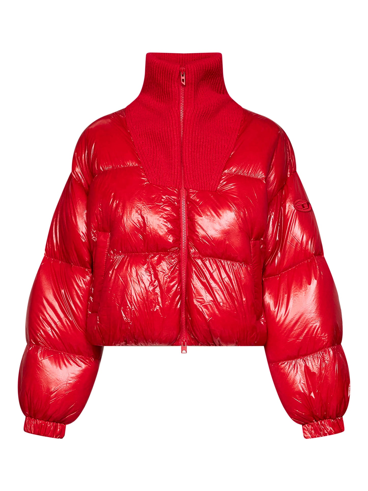 Red glossy nylon W-Arrior short puffer jacket