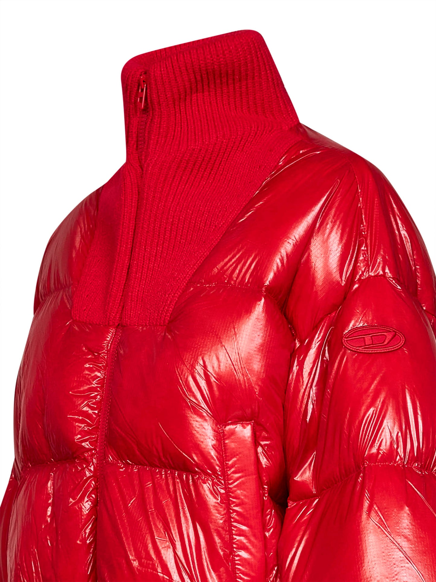 Red glossy nylon W-Arrior short puffer jacket