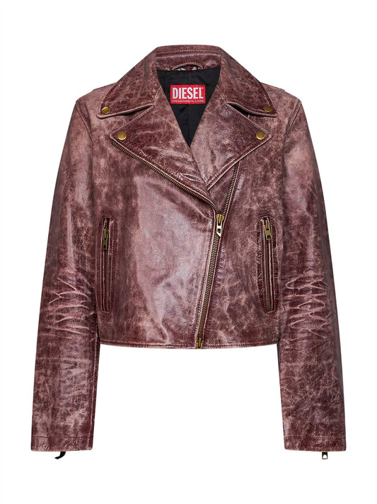 Cognac textured leather L-Unatic-T1 biker jacket