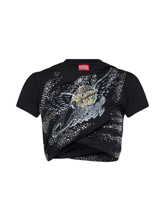 T-shirt crop stampata T-Wincy in jersey a doppio strato nero