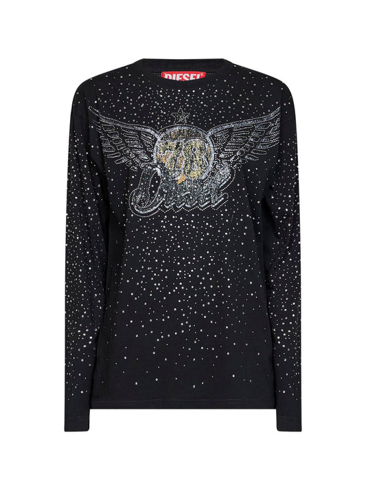 T-shirt stampata con strass T-Edro-Crt-Ls-C in jersey nero